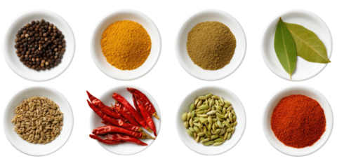 Assorted spices in small white bowls (3)