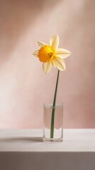 Single daffodil in clear vase against pastel background