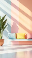 Pastel colored room with a bench and plant. Sunlight casts shadows on the colorful walls