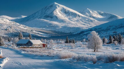 Majestic Snow-Capped Mountains Overlooking a Serene Winter Cabin and Frosted Landscape Under a Clear Blue Sky