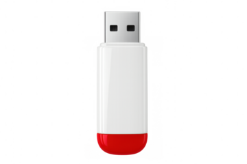 Close-up of a white and red usb flash drive isolated on a transparent background, ready for data storage and transfer