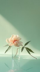 Pale peach peony in clear glass, sunlit mint backdrop