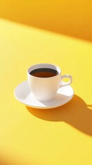 A white coffee cup and saucer, filled with dark coffee, sits on a bright yellow surface, bathed in sunlight