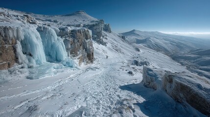 Frozen Waterfall Majesty: A Solitary Figure on a Snow-Covered Mountain Path