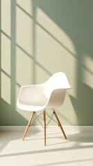 A white molded plastic chair with light brown wooden legs sits in a sunlit room