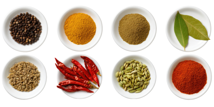 Assorted spices in small white bowls (3)