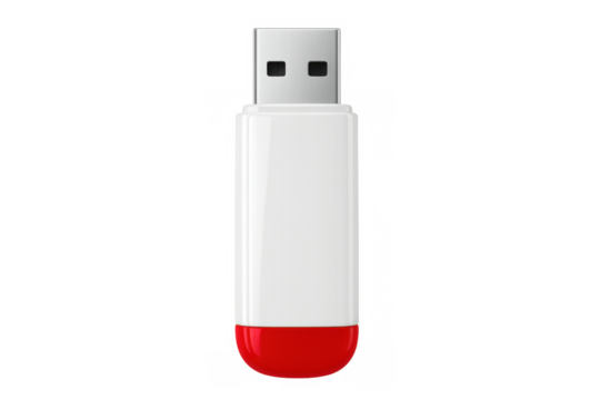 Close-up of a white and red usb flash drive isolated on a transparent background, ready for data storage and transfer