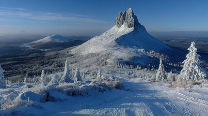Winter Wonderland: Snowy Mountain Peak and Frosted Forest Vista