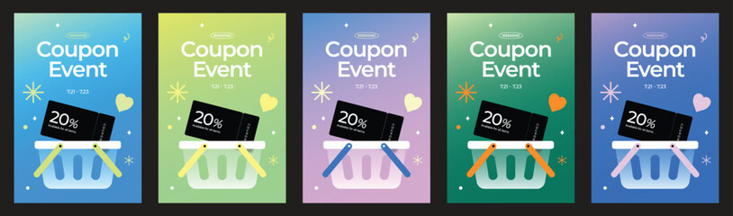 Colorful Coupon Event Templates with Shopping Cart Illustration