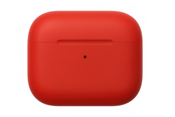 Compact red wireless earbuds resting in charging case, transparent background closeup