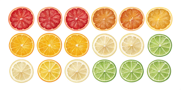 Citrus Fruit Slice Illustrations – Fresh to Dried Comparison on Transparent Background
Artistic Citrus Slices – Grapefruit, Lemon, Lime, Orange & Blood Orange in Various Styles