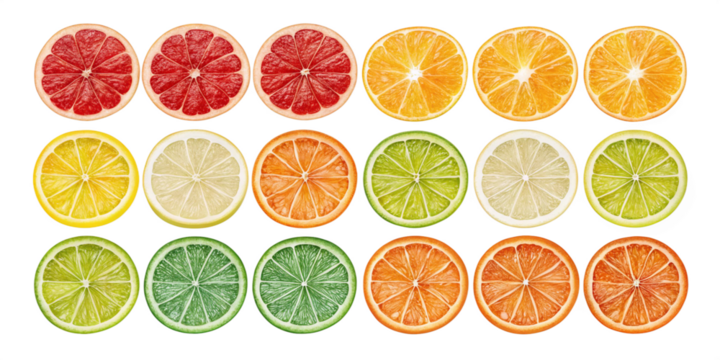 Citrus Fruit Slice Illustrations – Fresh to Dried Comparison on Transparent Background
Artistic Citrus Slices – Grapefruit, Lemon, Lime, Orange & Blood Orange in Various Styles
