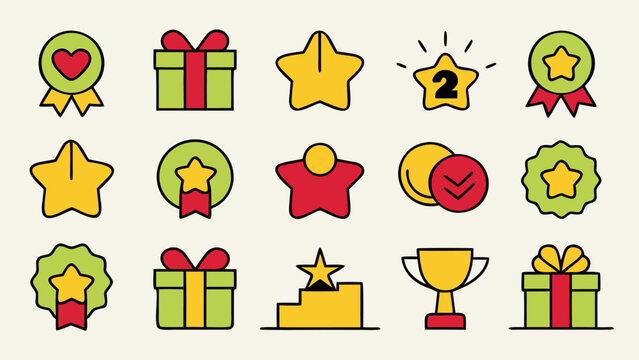 Comprehensive collection of reward and loyalty program graphics featuring bonus and benefit symbols for customer engagement and appreciation initiatives