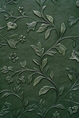 Deep green embossed wallpaper with a repeating floral vine pattern