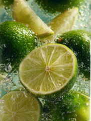 Fresh Lime Slices in Sparkling Water with Vitality and Coolness, White Background Highlighting Bright Green