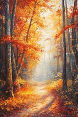 Autumnal forest path bathed in golden light