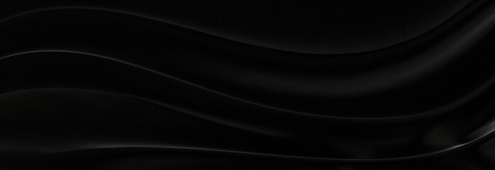 Black gray satin dark fabric texture luxurious shiny that is abstract silk cloth panorama background with patterns soft waves blur beautiful.