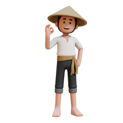 3D Asian Farmer Character gives an okay hand sign
