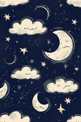 Night sky pattern with clouds and moon