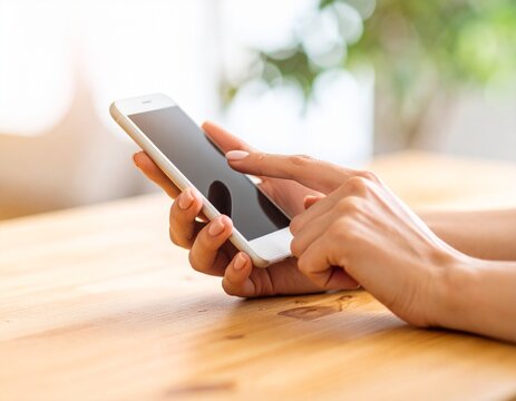 Close-up of a woman's hands operating a smartphone in a bright room