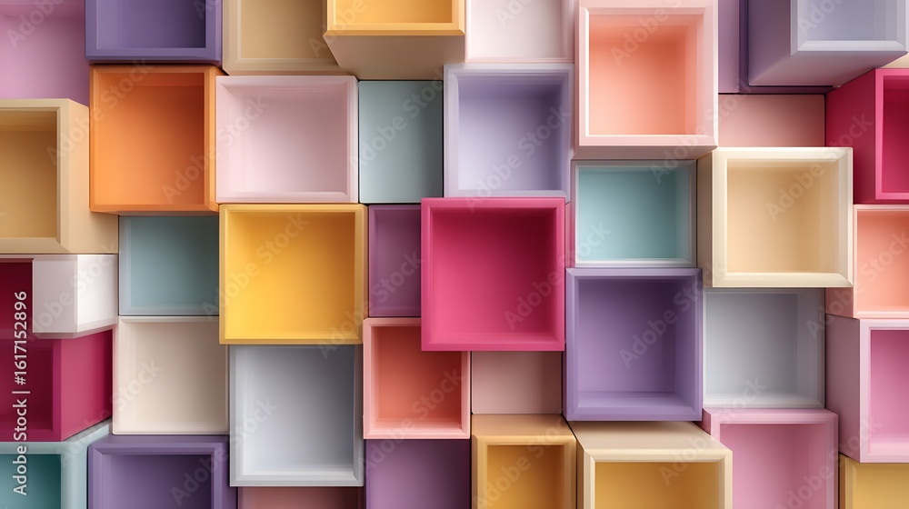 Poster colorful square boxes arranged in a geometric pattern.