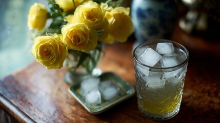 Yellow roses and ice water on a table