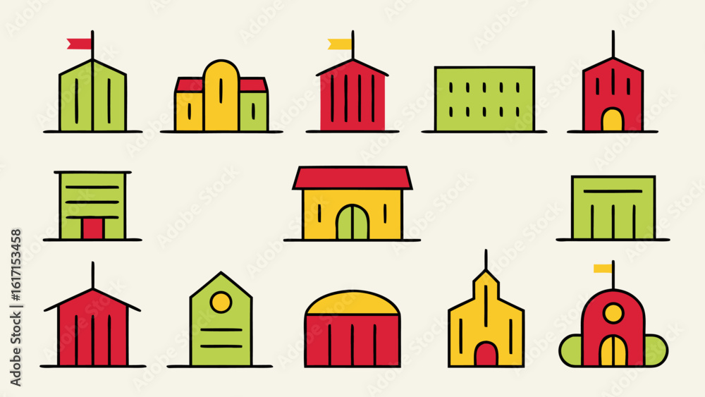 Poster comprehensive collection of architectural structures and notable landmarks presented as clean modern