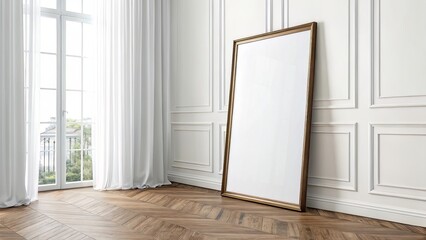 Portrait Poster Leaning on White Wall with Sheer Curtain and Clean Layout