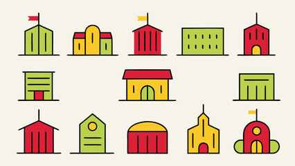 Comprehensive collection of architectural structures and notable landmarks presented as clean modern graphic symbols for diverse design applications