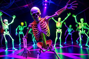 Skeletons dancing energetically under neon lights at a vibrant nightclub