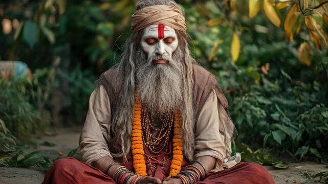 Guru in meditative pose wearing religious robes.