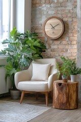 Cozy corner with large clock and plants