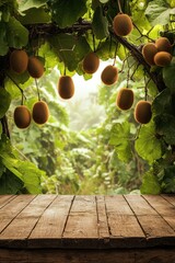 Kiwi fruit hanging from vines above a rustic wooden table