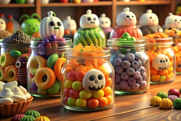 Jars filled with colorful halloween candies and treats, including skullshaped gummies
