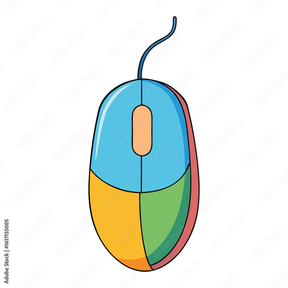 Poster a vibrant colored computer mouse with a sleek design, smooth curves, and ergonomic grip—perfect for 