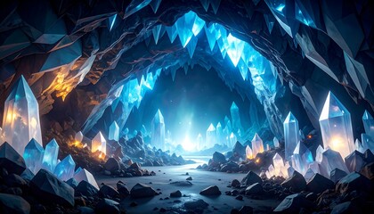 Crystalline cave, glowing crystals