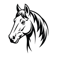 Stylized black and white illustration of a horse head