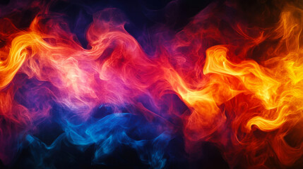 Fototapeta premium Color smoke. Mist cloud. Spiritual energy. Neon pink blue orange light steam flow on dark black copy space abstract background.