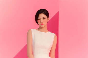 Beautiful Asian Woman in white sleeveless dress by pink wall