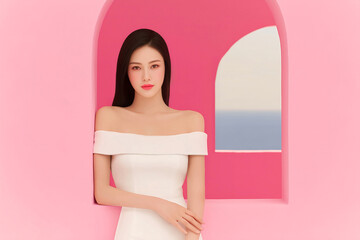 Beautiful Asian Woman in off shoulder white dress by pink arched window