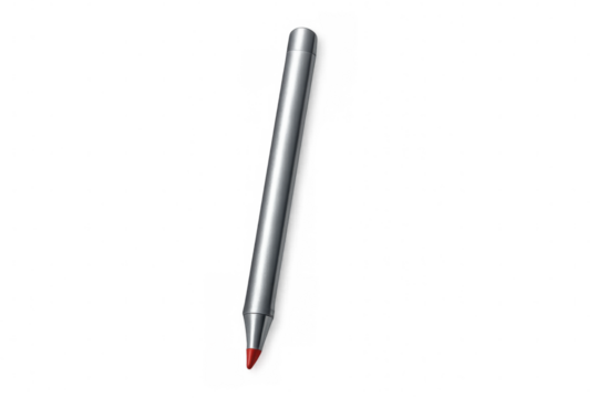 Realistic silver pen with red tip lying on a transparent background, perfect for graphic design projects