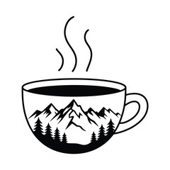 Hot coffee cup with mountain landscape inside and steam