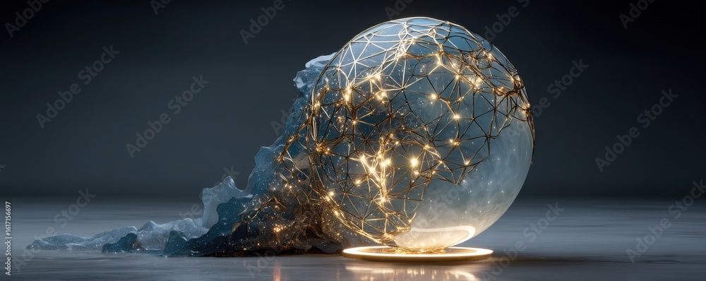 Poster abstract networked sphere emitting light with intricate wireframe design