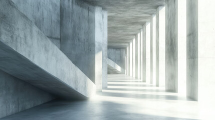 Fototapeta premium A minimalist, modern interior space with a concrete wall and a concrete floor. Sunlight streams through a window