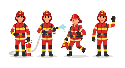 Firefighter character set illustration with a male fireman in uniform. Professional emergency worker with rescue equipment in various poses.