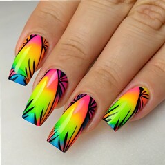 Obraz premium A close-up of a hand with long, coffin-shaped nails painted in a vibrant neon gradient of pink, orange, yellow, and green, with black abstract line designs.