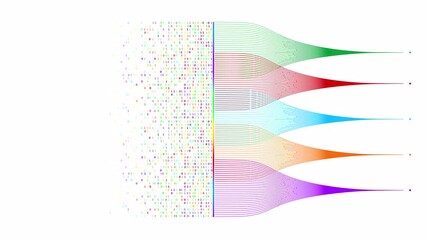 Loopable abstract animation of multicolored curved data lines merging into binary code streams on a white background, symbolizing artificial intelligence, data processing, and big data concepts. - Powered by Adobe