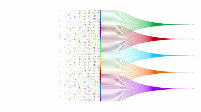 Loopable abstract animation of multicolored curved data lines merging into binary code streams on a white background, symbolizing artificial intelligence, data processing, and big data concepts. - Powered by Adobe