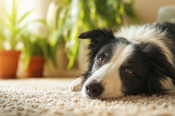 Border Collie Relaxing Peacefully at Home With Vibrant Houseplants in Background During Sunny Afternoon