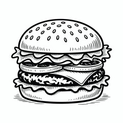 Hand drawn sketch of a delicious double cheeseburger with lettuce and tomato